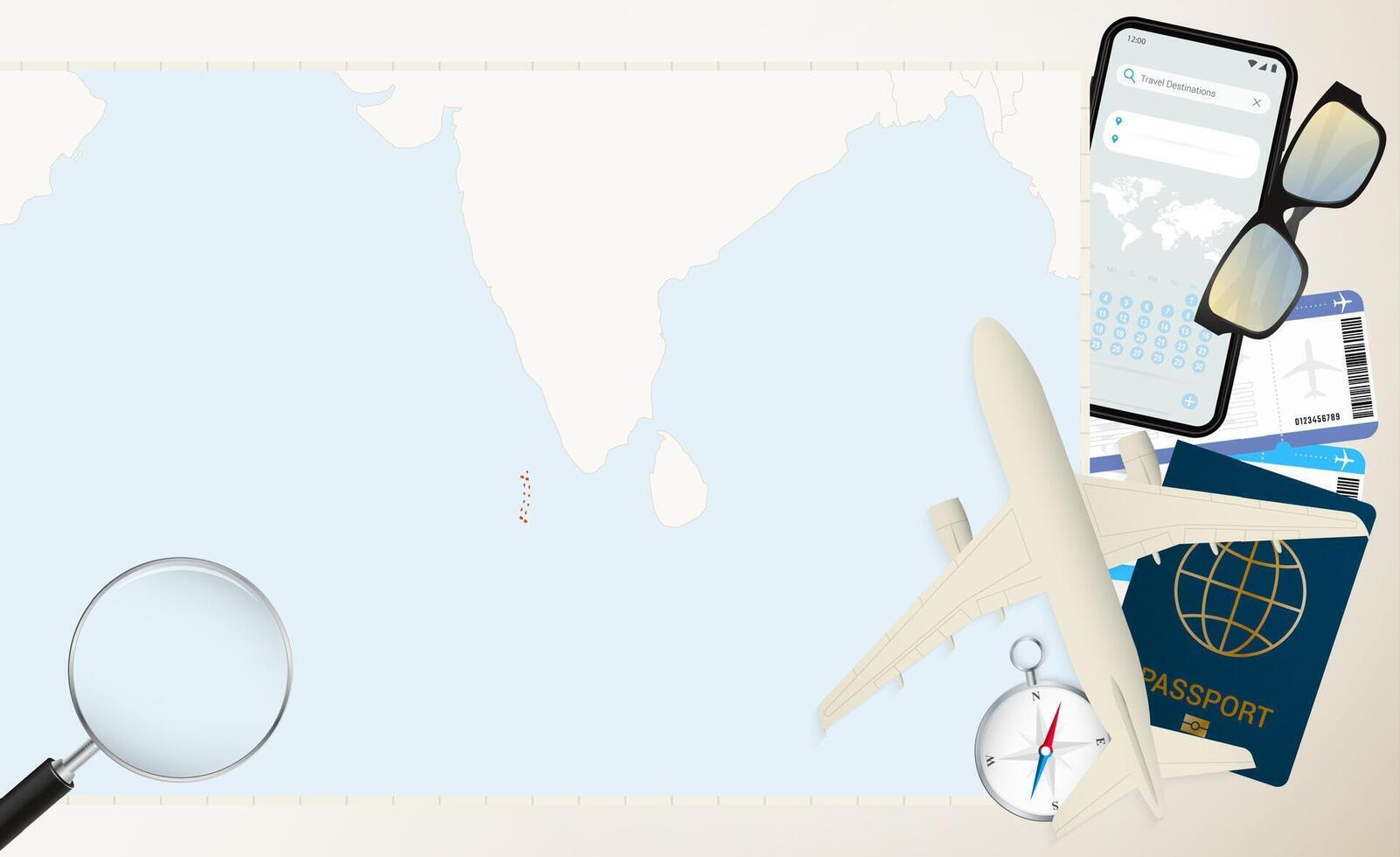 Maldives map and flag, cargo plane on the detailed map of Maldives with flag. vector