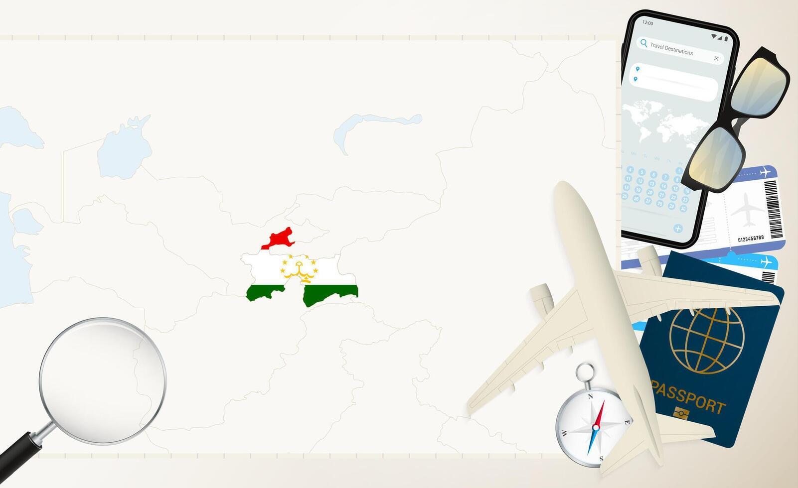 Tajikistan map and flag, cargo plane on the detailed map of Tajikistan with flag. vector