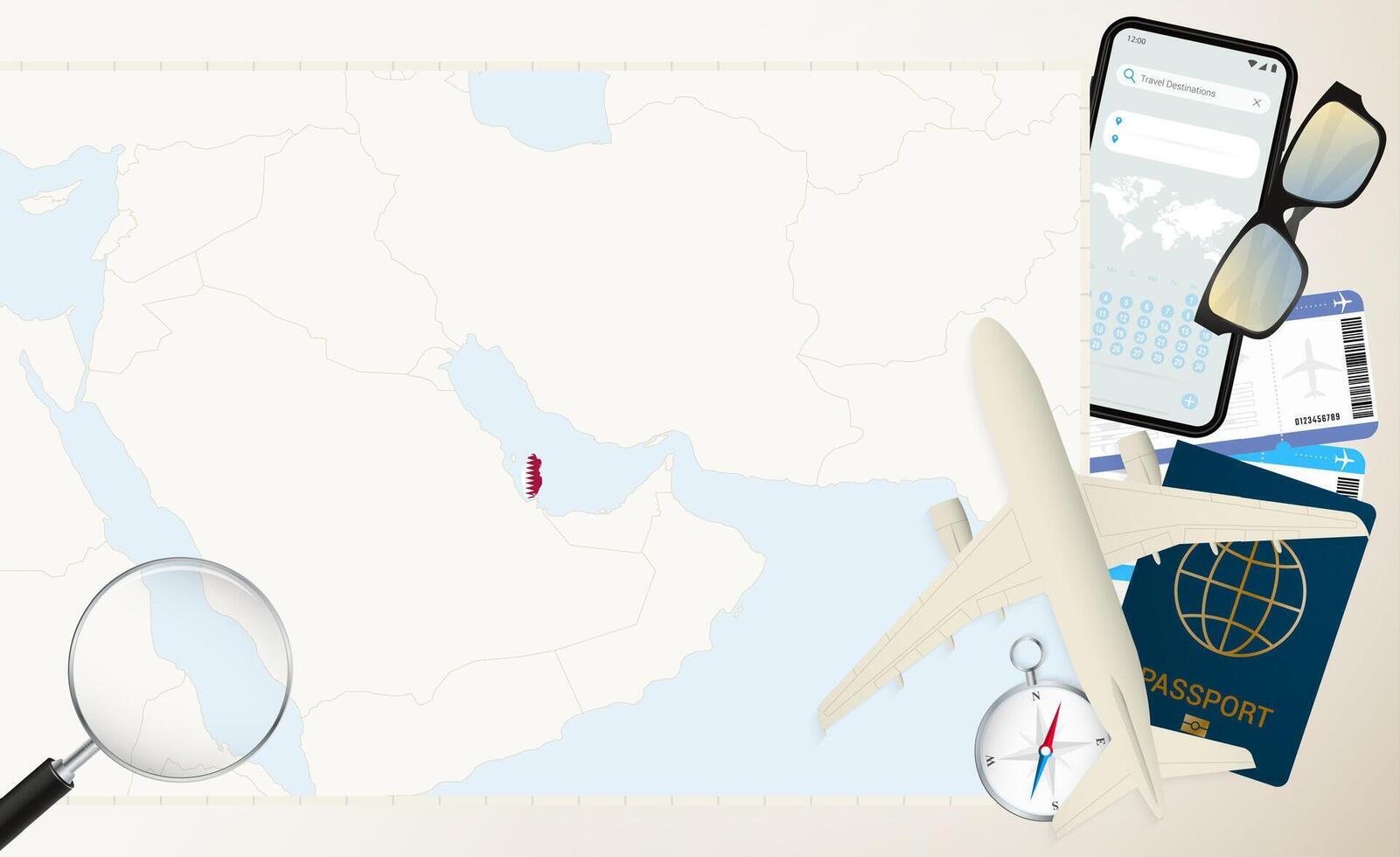 Qatar map and flag, cargo plane on the detailed map of Qatar with flag. vector