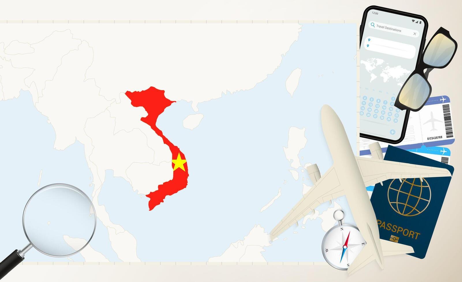 Vietnam map and flag, cargo plane on the detailed map of Vietnam with flag. vector