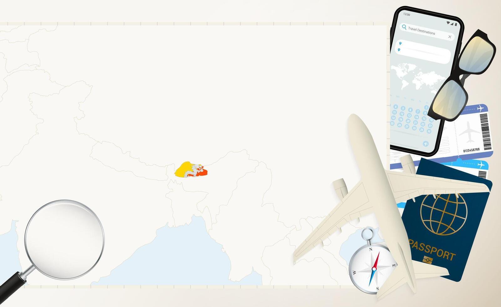 Bhutan map and flag, cargo plane on the detailed map of Bhutan with flag. vector