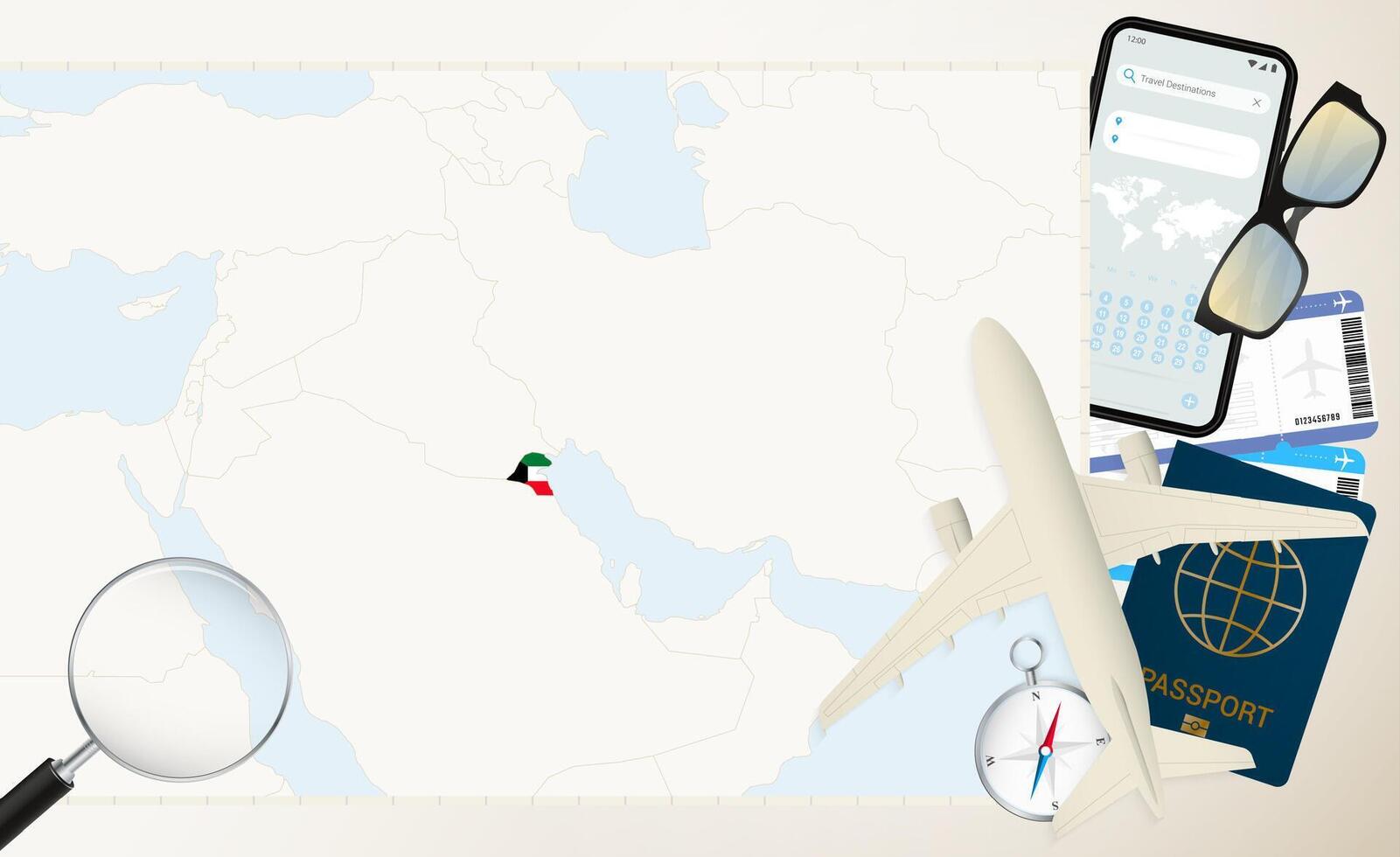 Kuwait map and flag, cargo plane on the detailed map of Kuwait with flag. vector