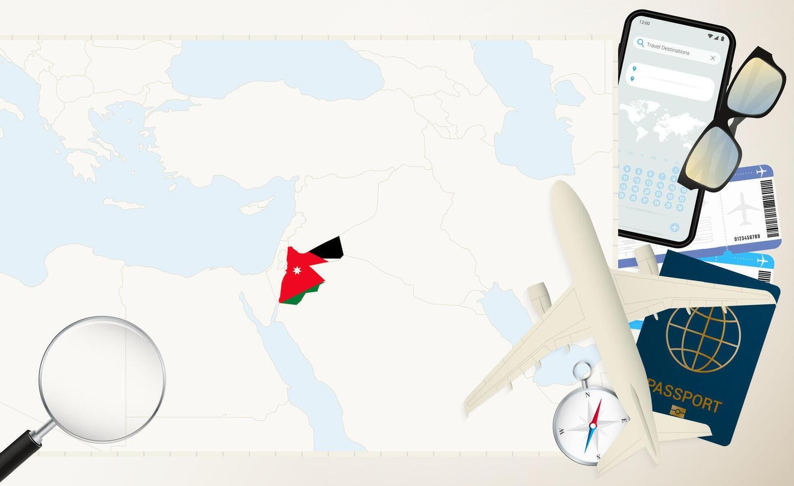 Jordan map and flag, cargo plane on the detailed map of Jordan with flag. vector