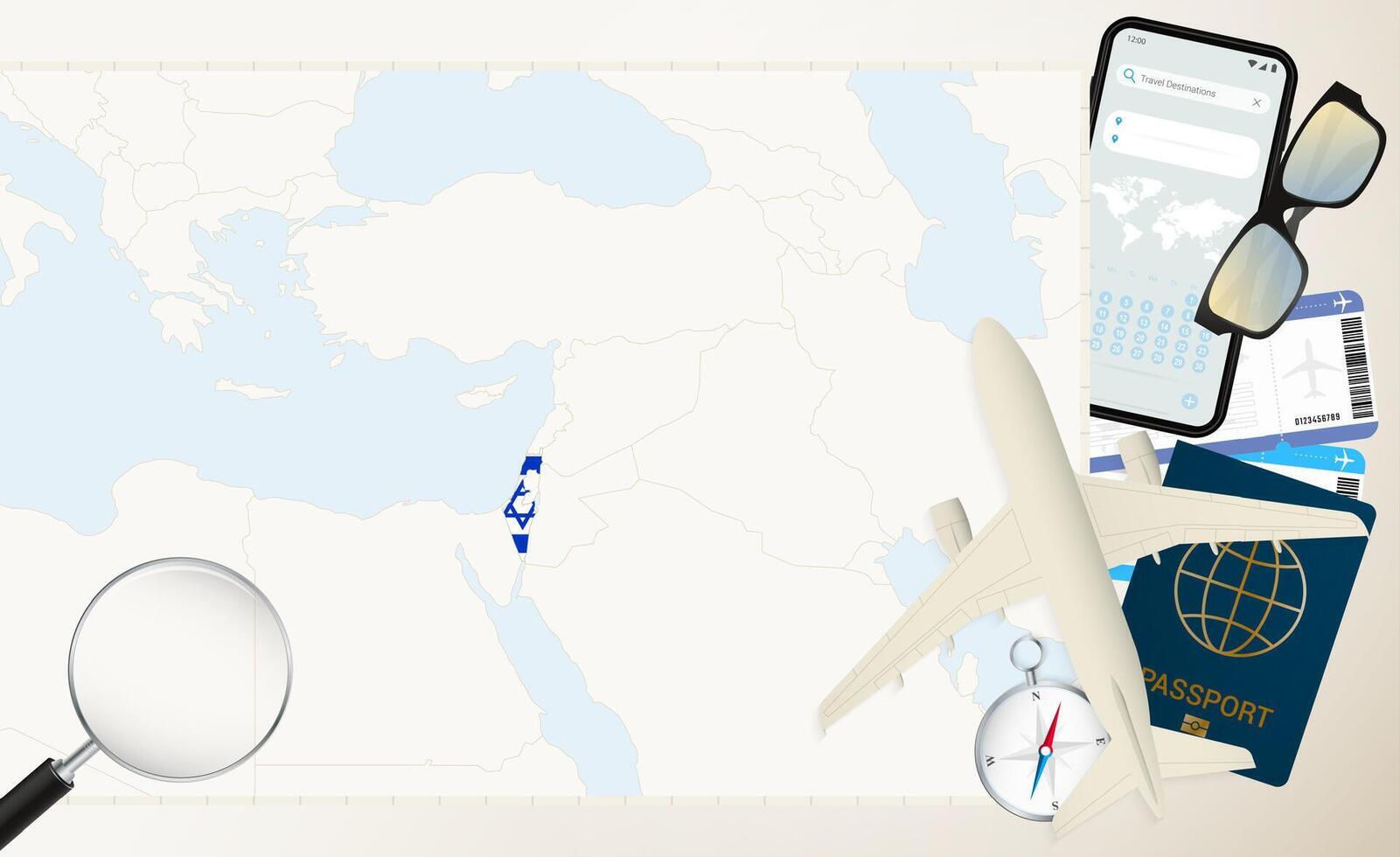 Israel map and flag, cargo plane on the detailed map of Israel with flag. vector