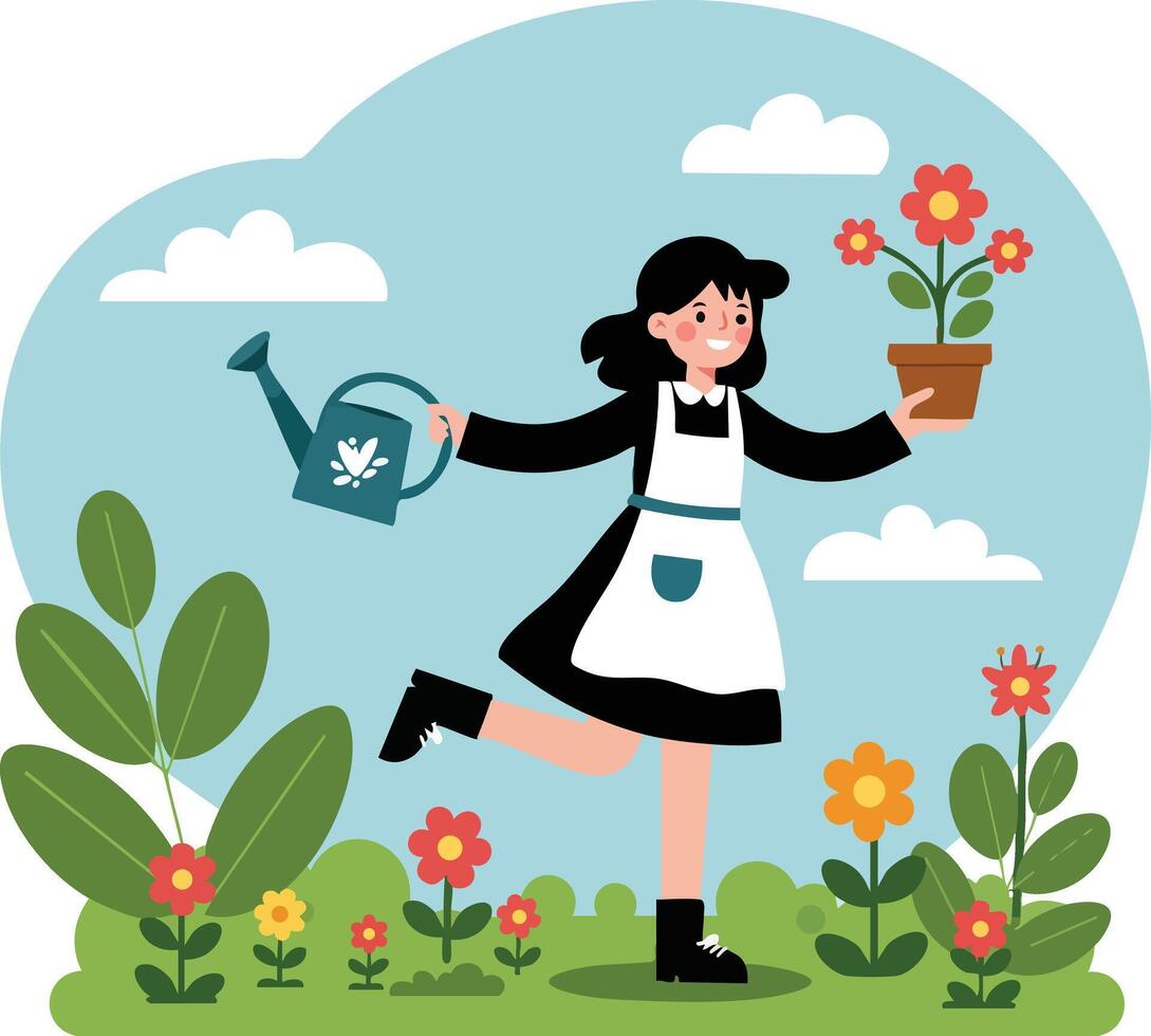 Woman watering flowers in garden with watering can and potted plant in spring outdoors scene illustration vector