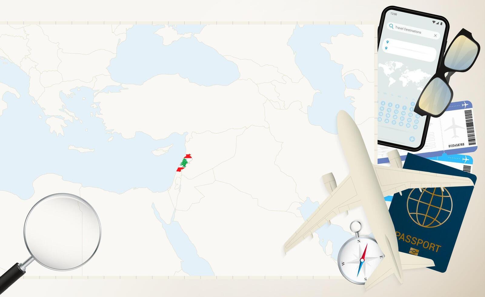 Lebanon map and flag, cargo plane on the detailed map of Lebanon with flag. vector