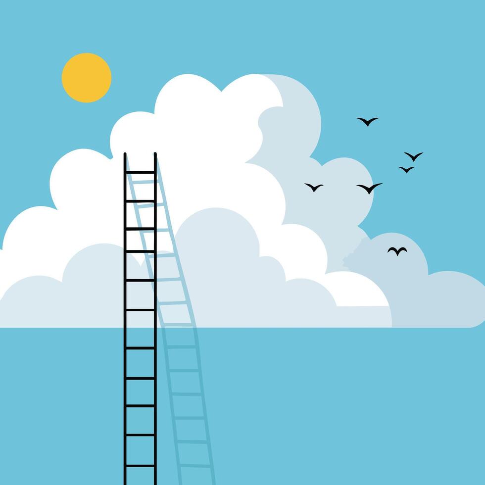 Ladder reaching into blue sky with white clouds and flying birds under bright sun illustration vector