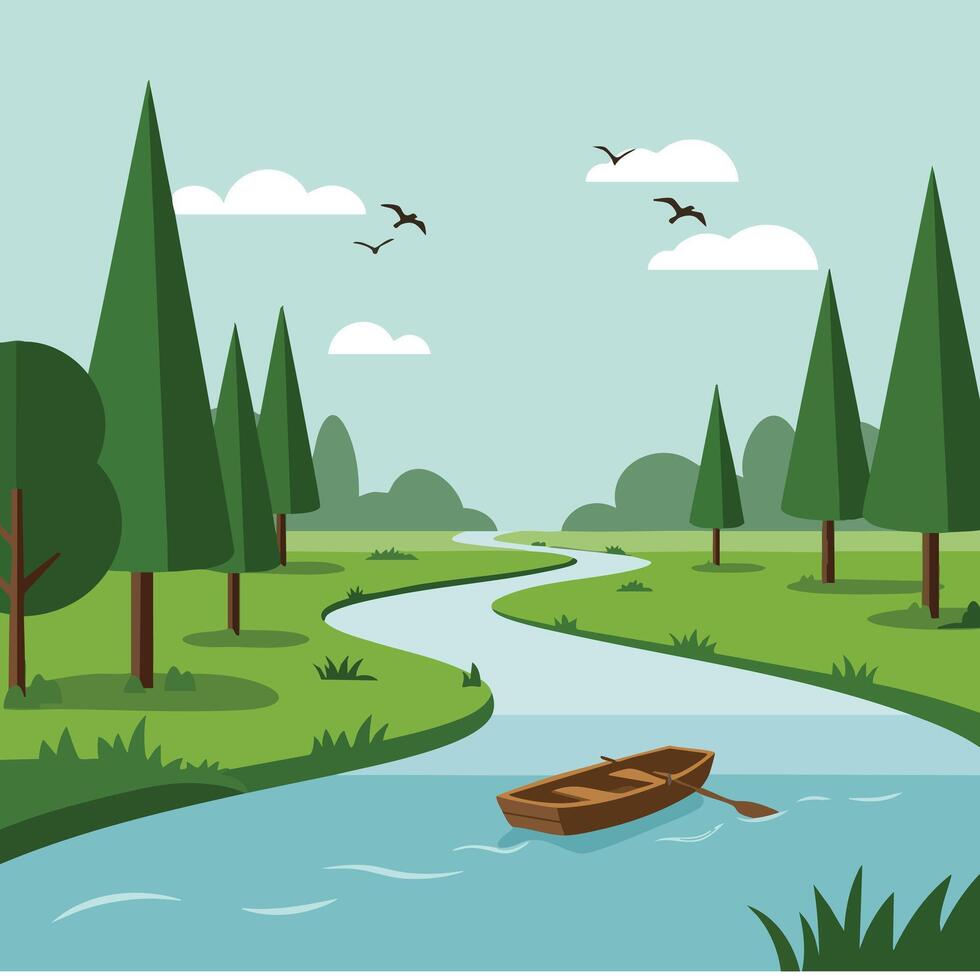 River landscape with green pine trees, blue sky, and wooden boat floating on water illustration vector