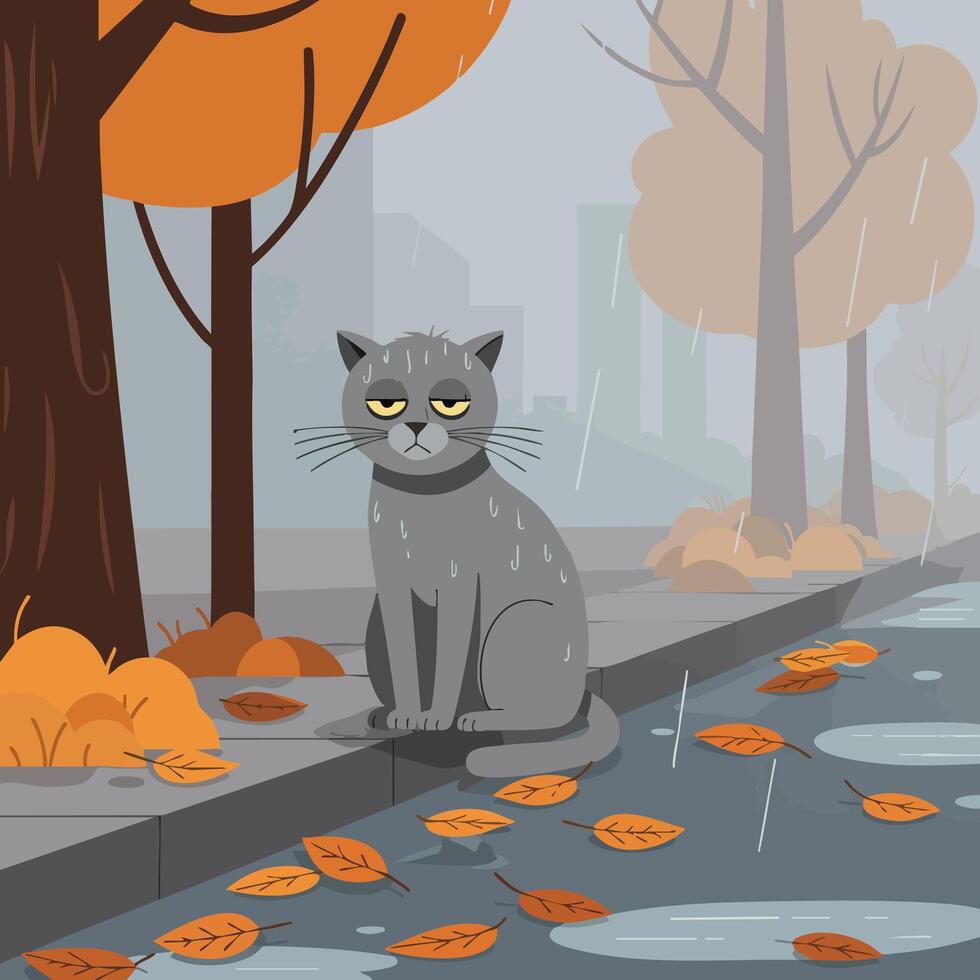 Gray cat sitting on wet street curb with orange autumn leaves falling in rainy cityscape illustration vector