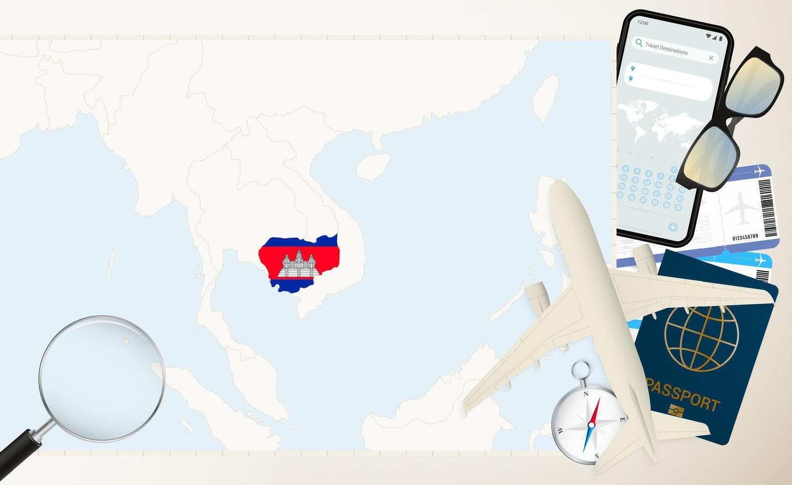 Cambodia map and flag, cargo plane on the detailed map of Cambodia with flag. vector