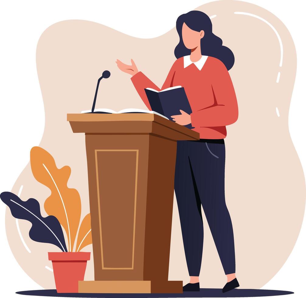 Woman speaking at podium with book in hand delivering speech or presentation indoors illustration vector