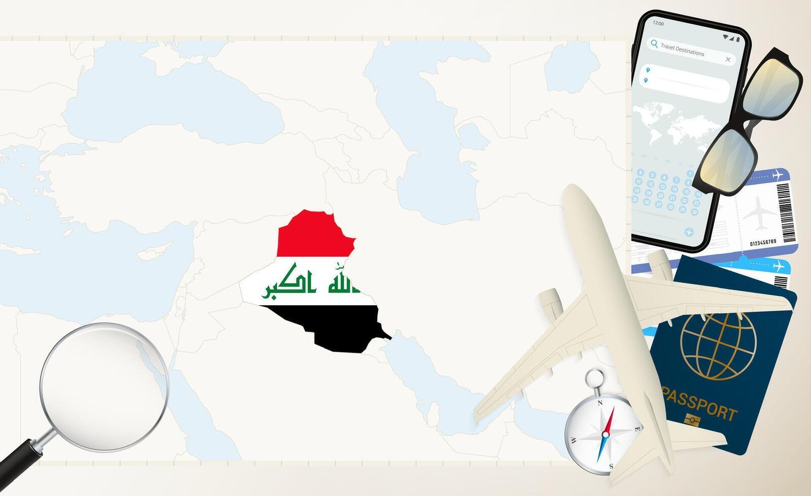 Iraq map and flag, cargo plane on the detailed map of Iraq with flag. vector