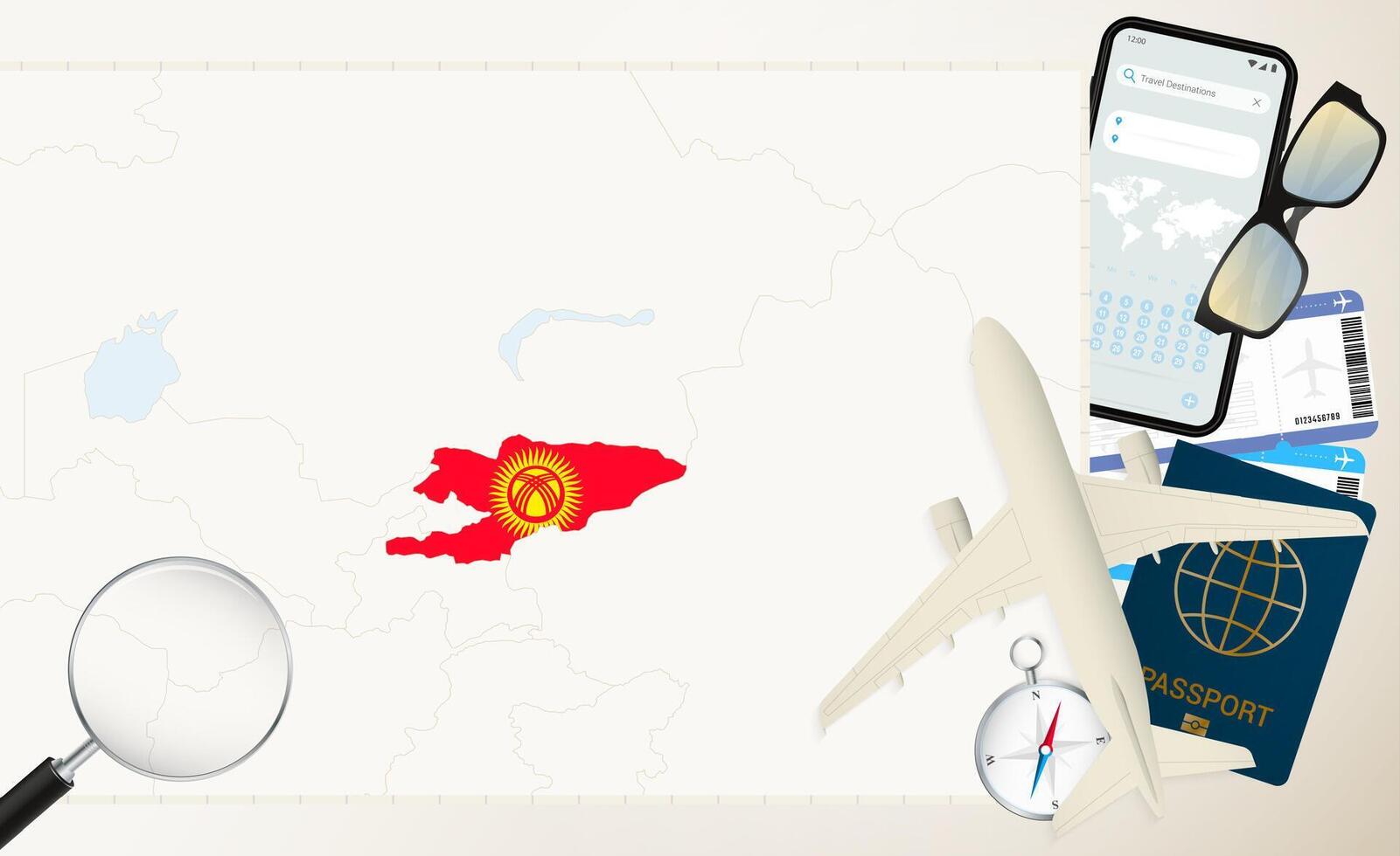 Kyrgyzstan map and flag, cargo plane on the detailed map of Kyrgyzstan with flag. vector