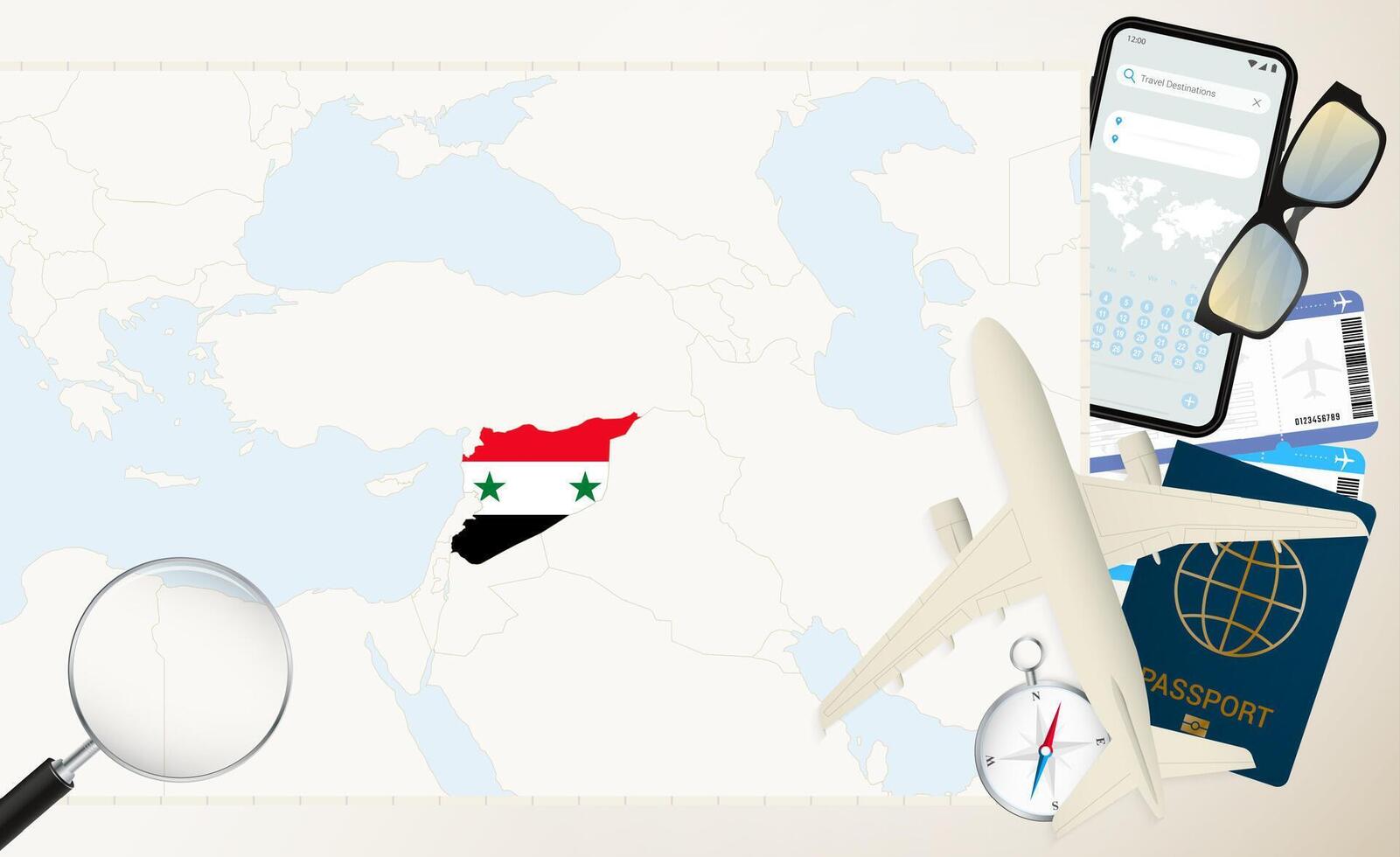 Syria map and flag, cargo plane on the detailed map of Syria with flag. vector