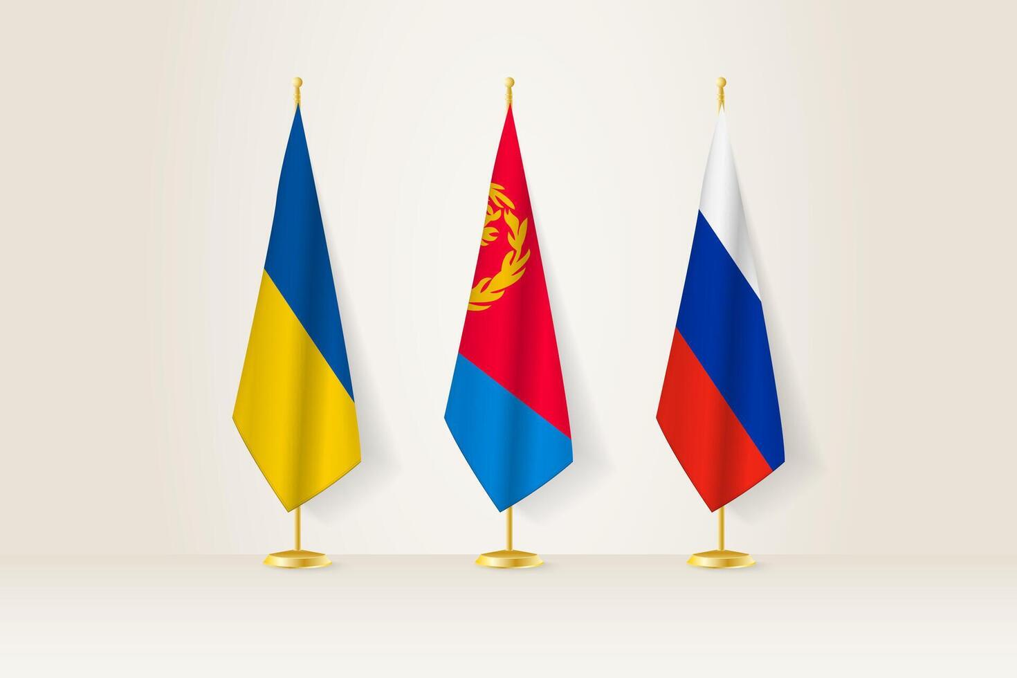 Diplomatic Meeting Representation, Ukraine, Eritrea and Russia Flags. Flags on Diplomatic Stands. vector
