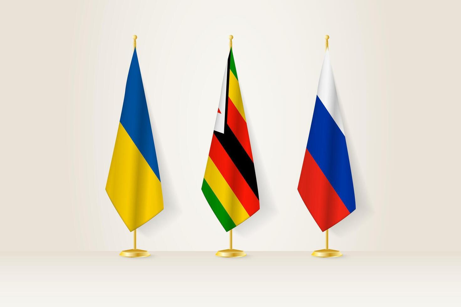 Diplomatic Meeting Representation, Ukraine, Zimbabwe and Russia Flags. Flags on Diplomatic Stands. vector