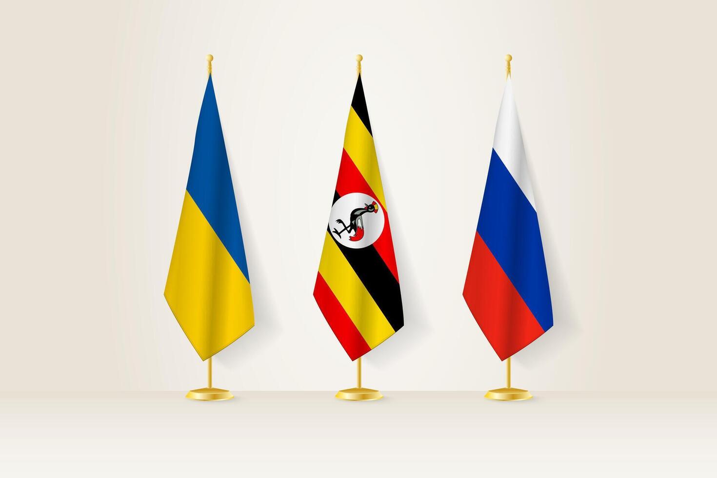 Diplomatic Meeting Representation, Ukraine, Uganda and Russia Flags. Flags on Diplomatic Stands. vector
