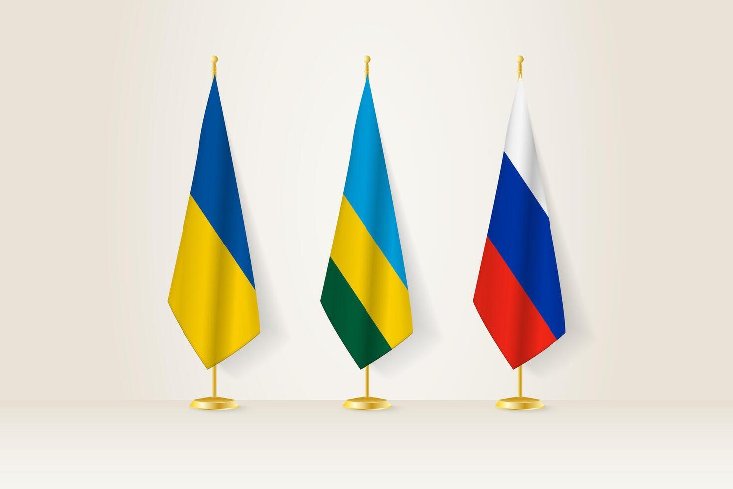 Diplomatic Meeting Representation, Ukraine, Rwanda and Russia Flags. Flags on Diplomatic Stands. vector