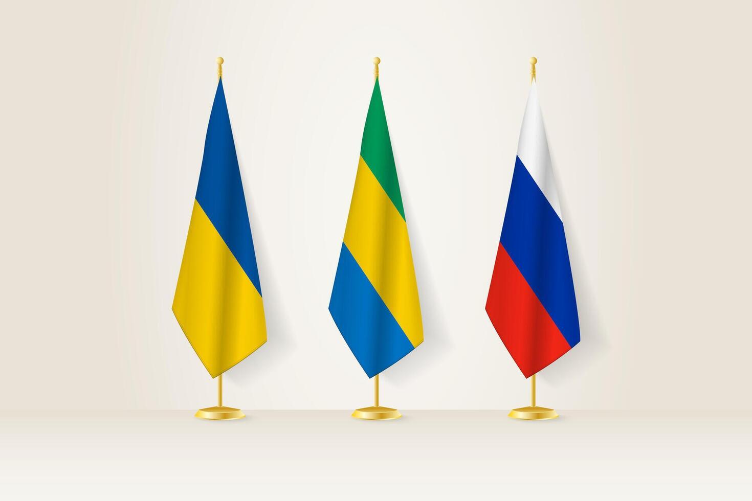 Diplomatic Meeting Representation, Ukraine, Gabon and Russia Flags. Flags on Diplomatic Stands. vector