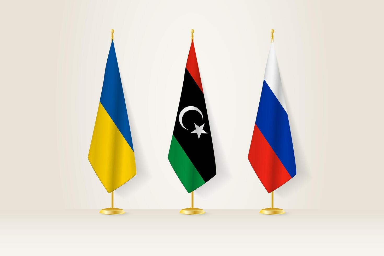 Diplomatic Meeting Representation, Ukraine, Libya and Russia Flags. Flags on Diplomatic Stands. vector