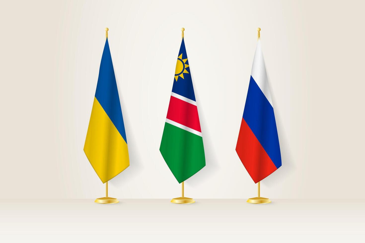 Diplomatic Meeting Representation, Ukraine, Namibia and Russia Flags. Flags on Diplomatic Stands. vector