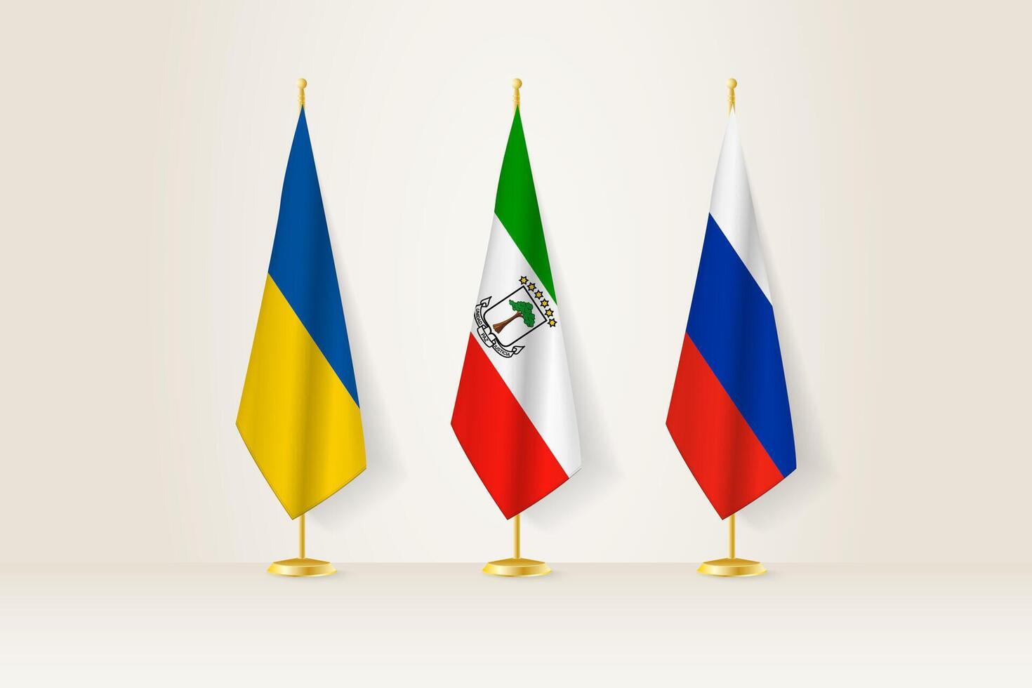 Diplomatic Meeting Representation, Ukraine, Equatorial Guinea and Russia Flags. Flags on Diplomatic Stands. vector