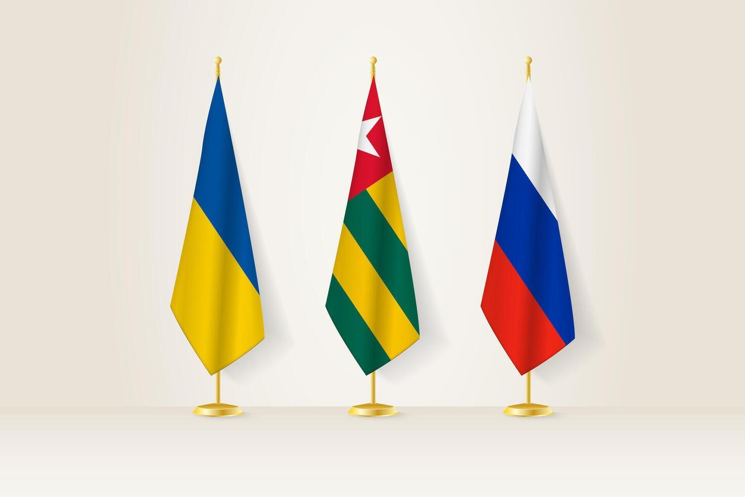 Diplomatic Meeting Representation, Ukraine, Togo and Russia Flags. Flags on Diplomatic Stands. vector