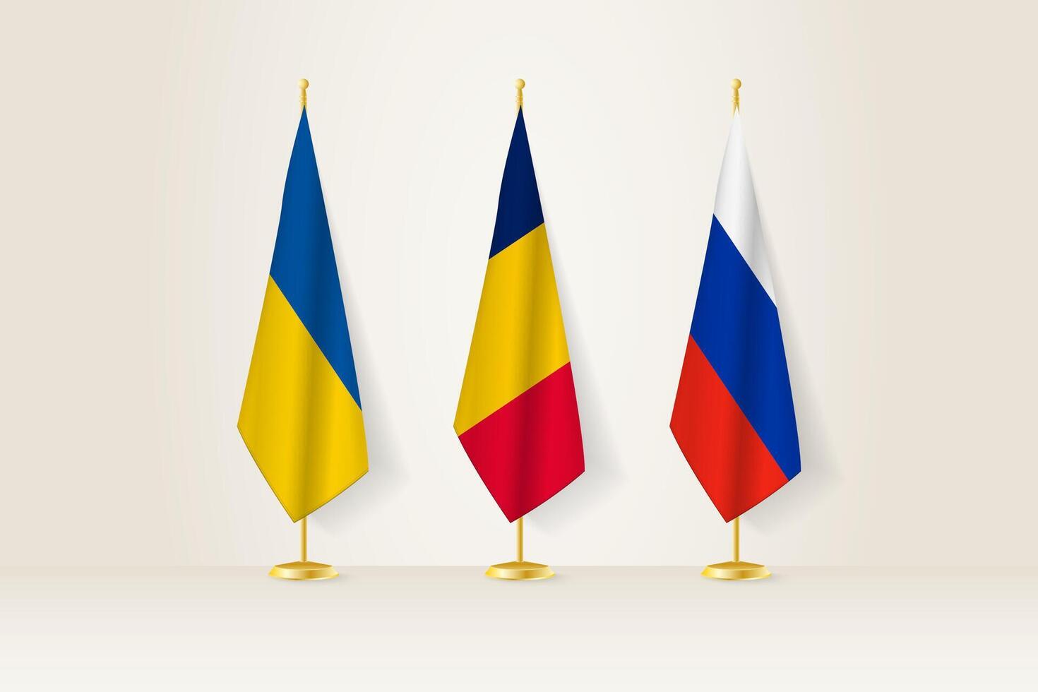 Diplomatic Meeting Representation, Ukraine, Chad and Russia Flags. Flags on Diplomatic Stands. vector