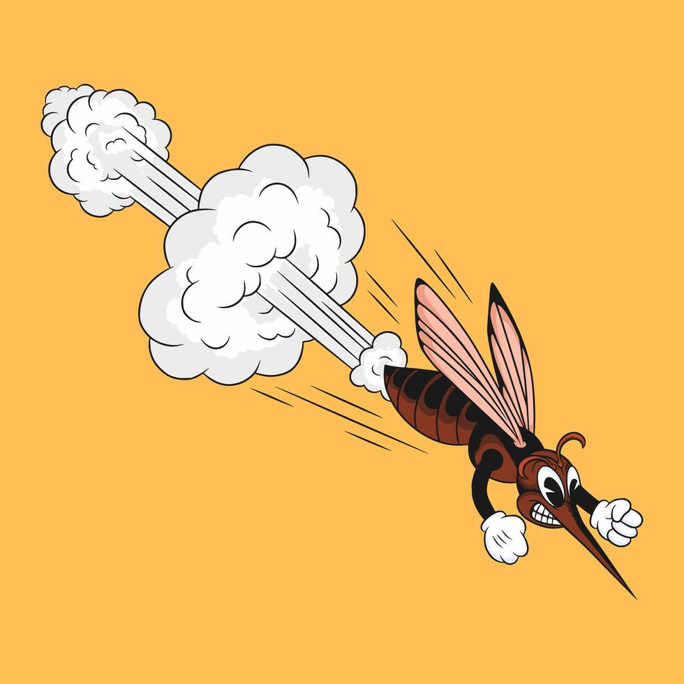 cartoon mosquito, reminiscent of a jet plane, zooms at high speed, ready to aggressively target and bite for blood. vector