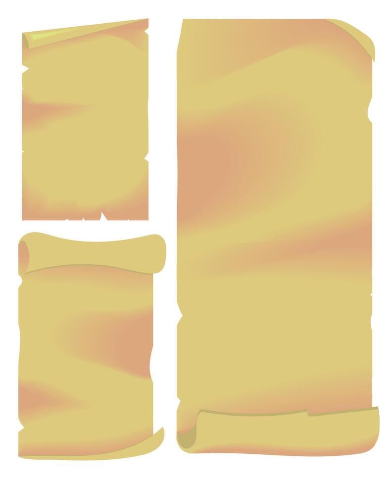 Editable set of ancient paper scrolls with vintage textures. Great for fantasy maps, notes, treasure hunts, or medieval-themed projects. Ideal for designs needing an old parchment style. vector