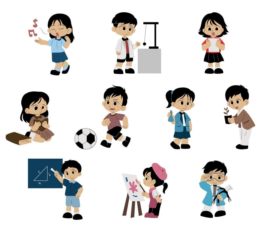 A collection of illustrations featuring students engaged in various school subject activities. Perfect for educational materials, classroom visuals, and academic themed designs. vector