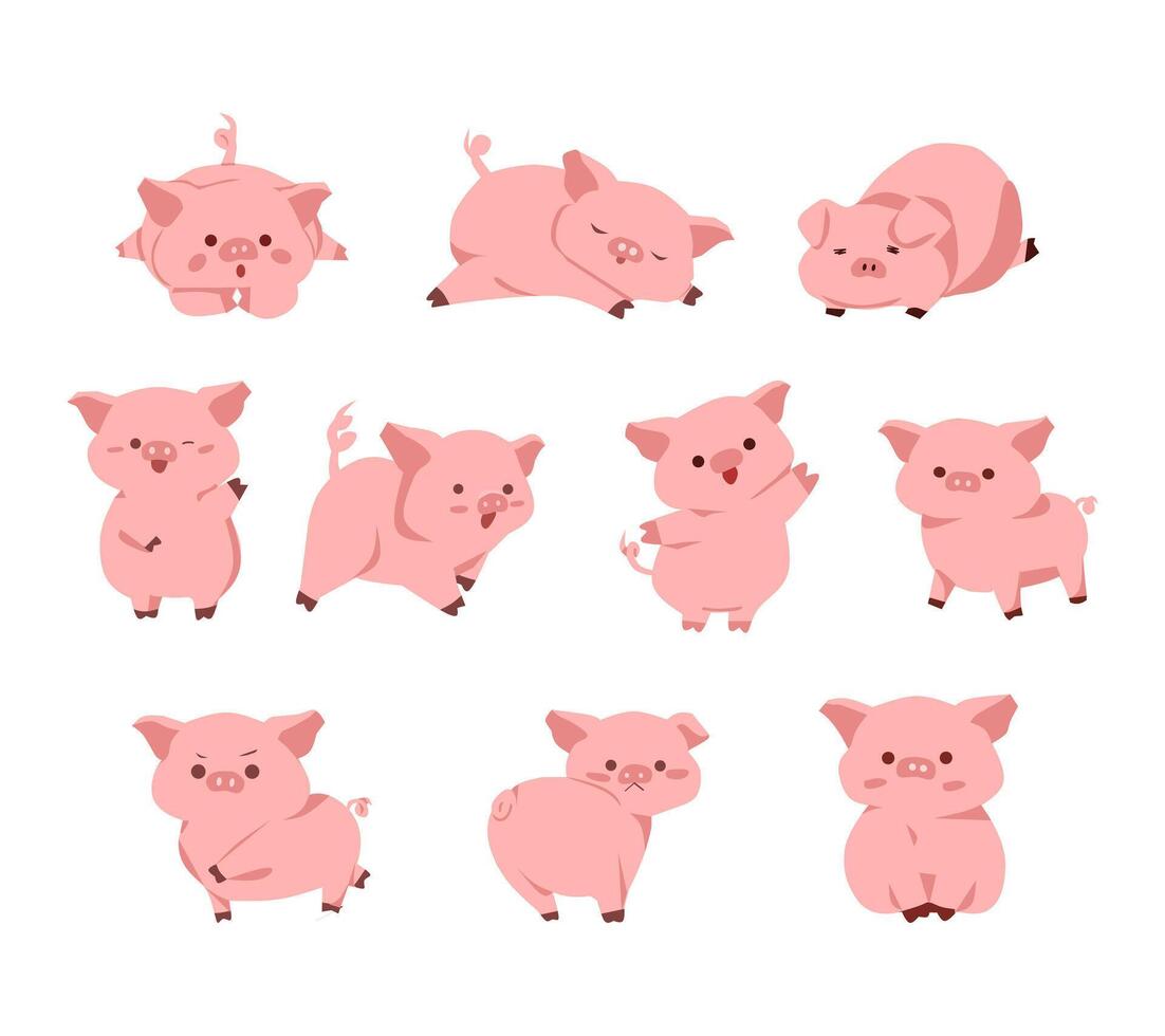 A cute cartoon pig illustration set featuring the pig in various playful and expressive poses. Perfect for children designs, educational materials, farm themed projects, and character collections. vector
