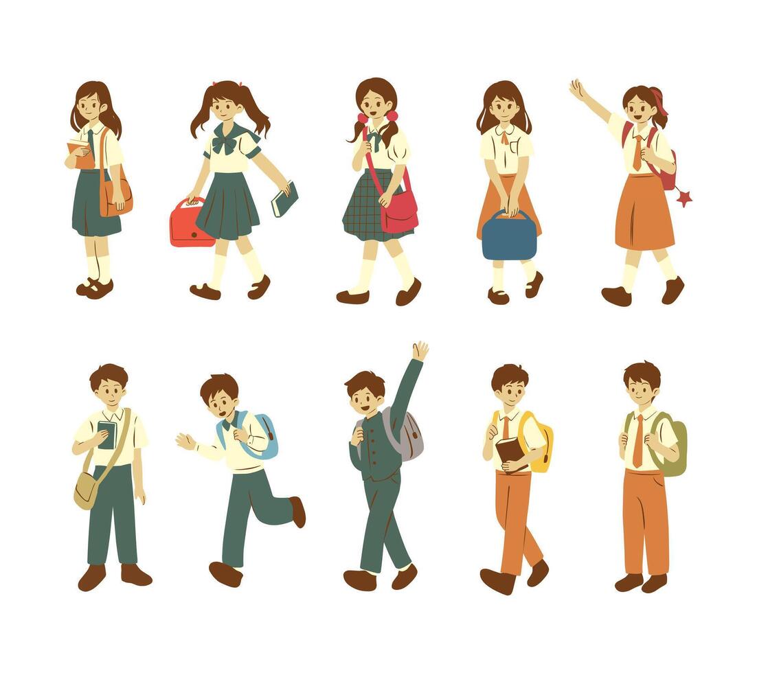 A soft colored illustration set featuring students in school uniforms carrying bags on their way to school. Perfect for educational materials, school themed content, and back to school designs. vector