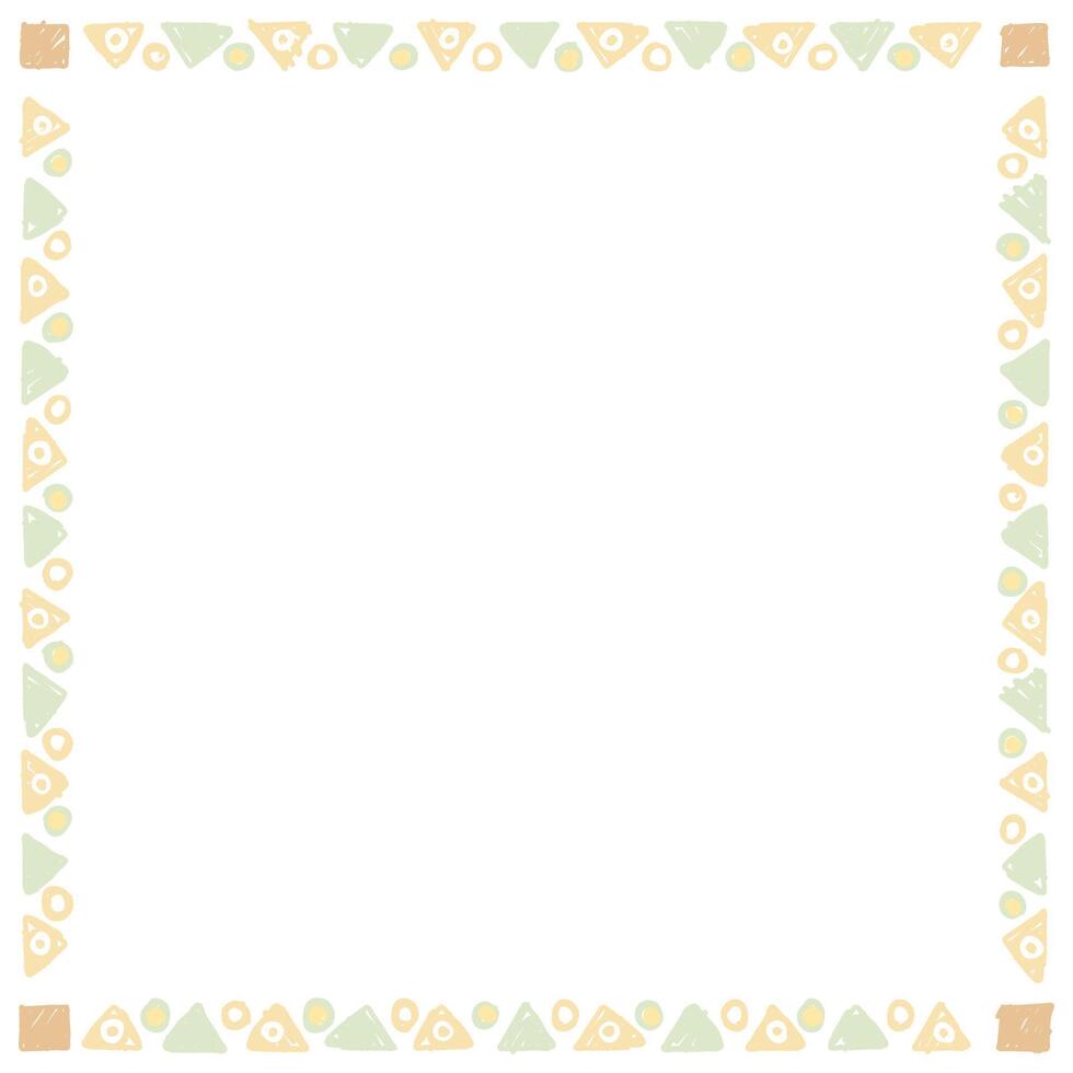 Blank square frame consists of various pastel geometric shapes childish hand drawn style on white background graphic illustration. vector