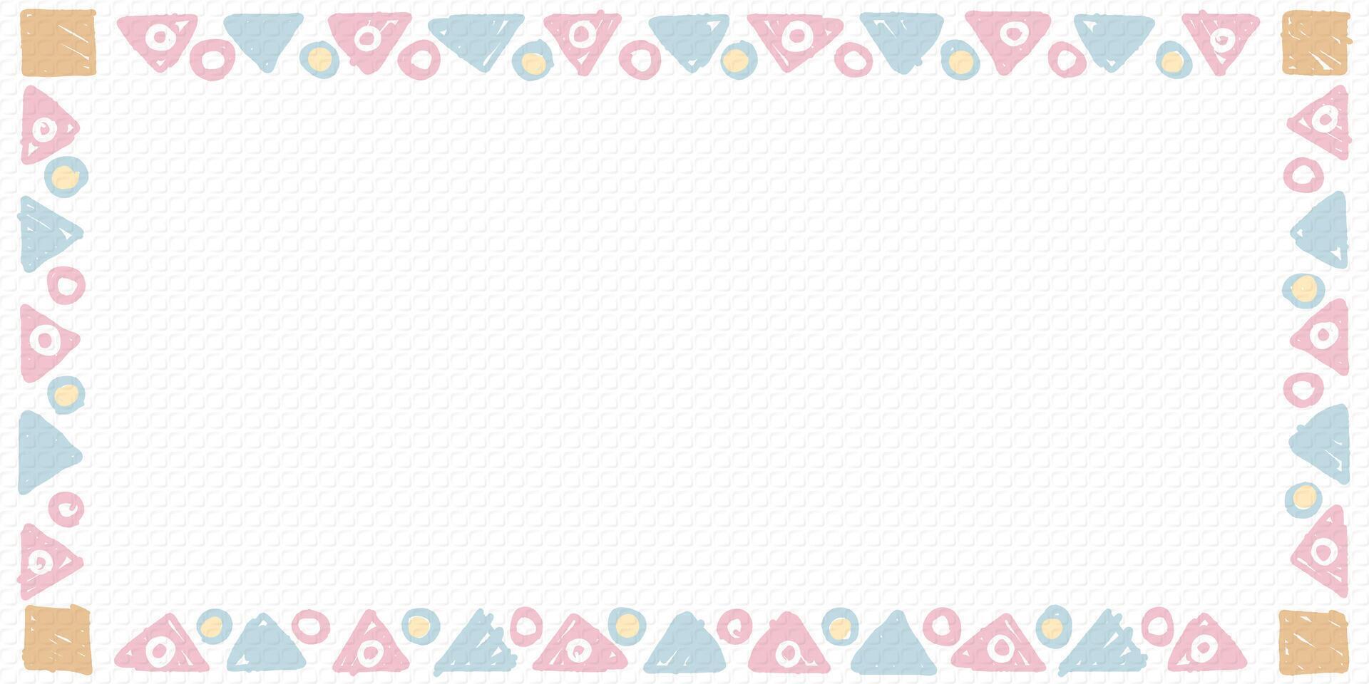 Blank rectangle frame consists of various pastel geometric shapes childish hand drawn style on bond paper texture background graphic illustration. vector