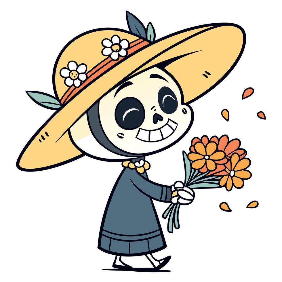 Cartoon skeleton holding flowers vector