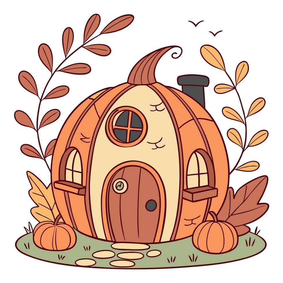 A pumpkin house with a door and windows vector