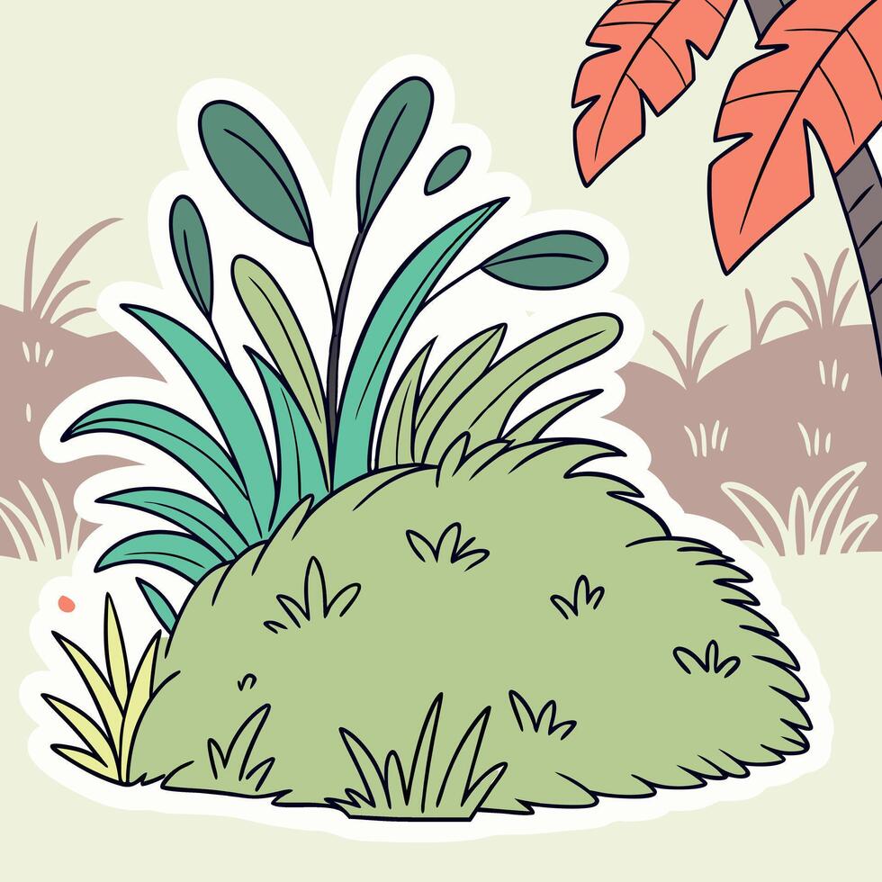 A cartoon grassy area with plants and a palm tree vector