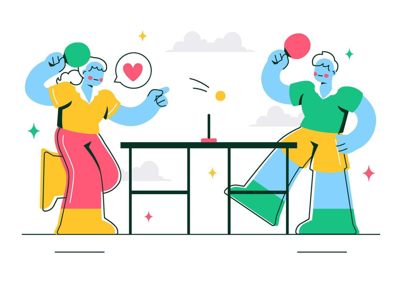 Flat Cartoon of a Table Tennis Game with Paddle Hitting the Ball vector