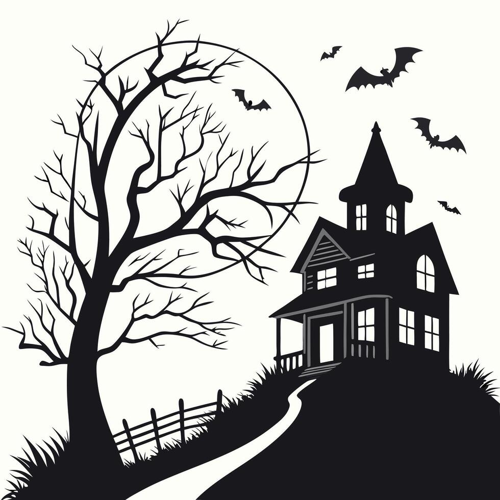 Halloween house with bats and tree vector