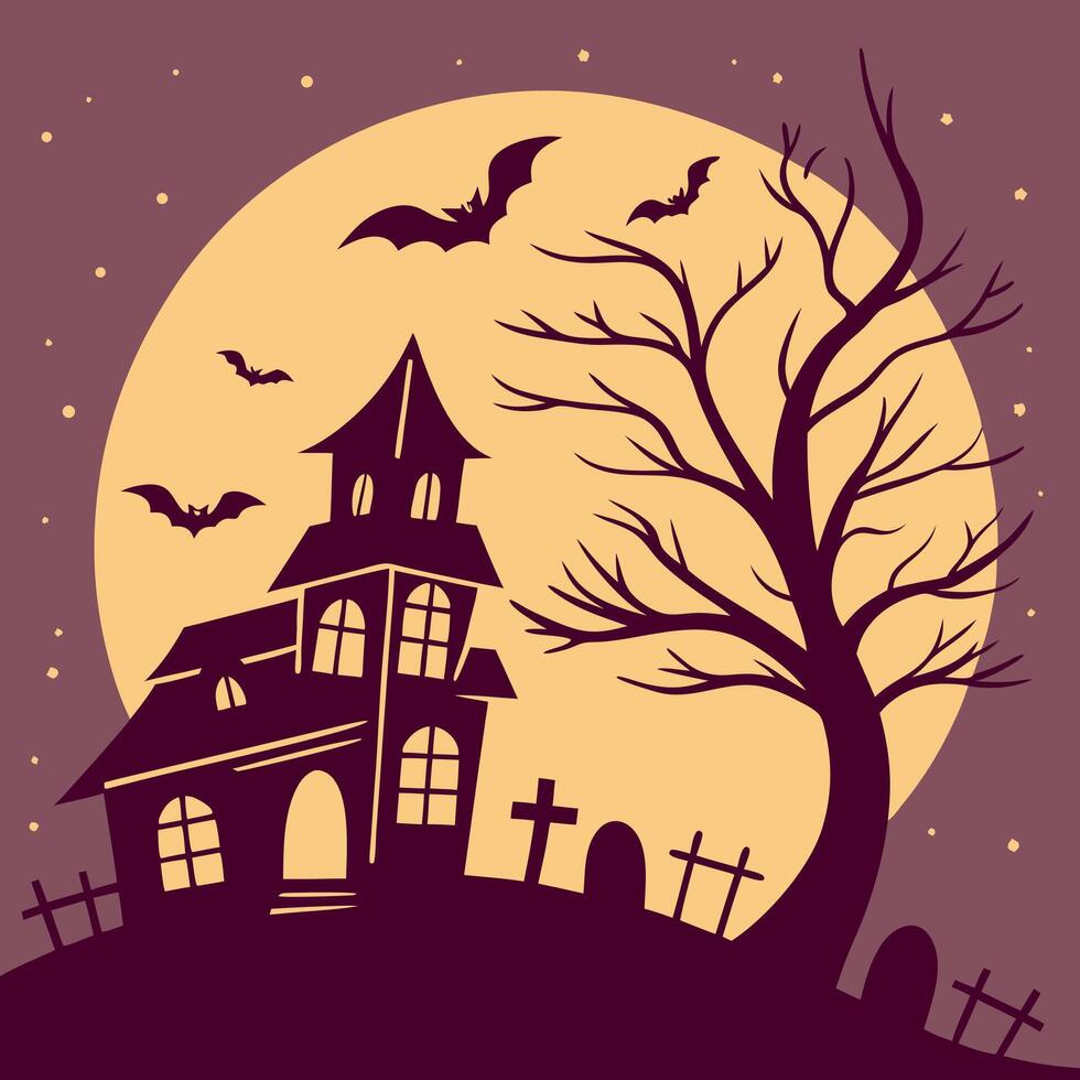 Halloween background with a haunted house and graveyard vector