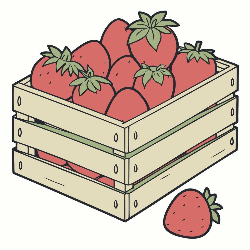 A wooden crate full of strawberries vector