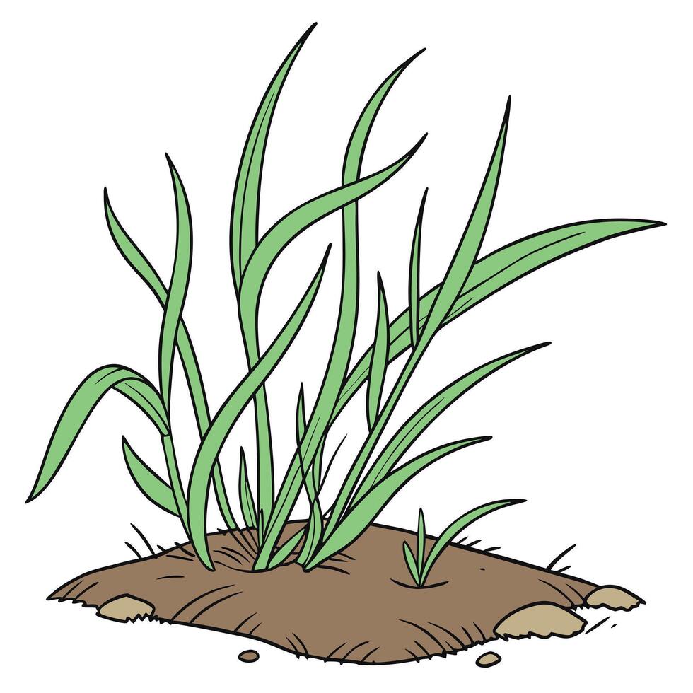 A cartoon grass plant with dirt and rocks vector