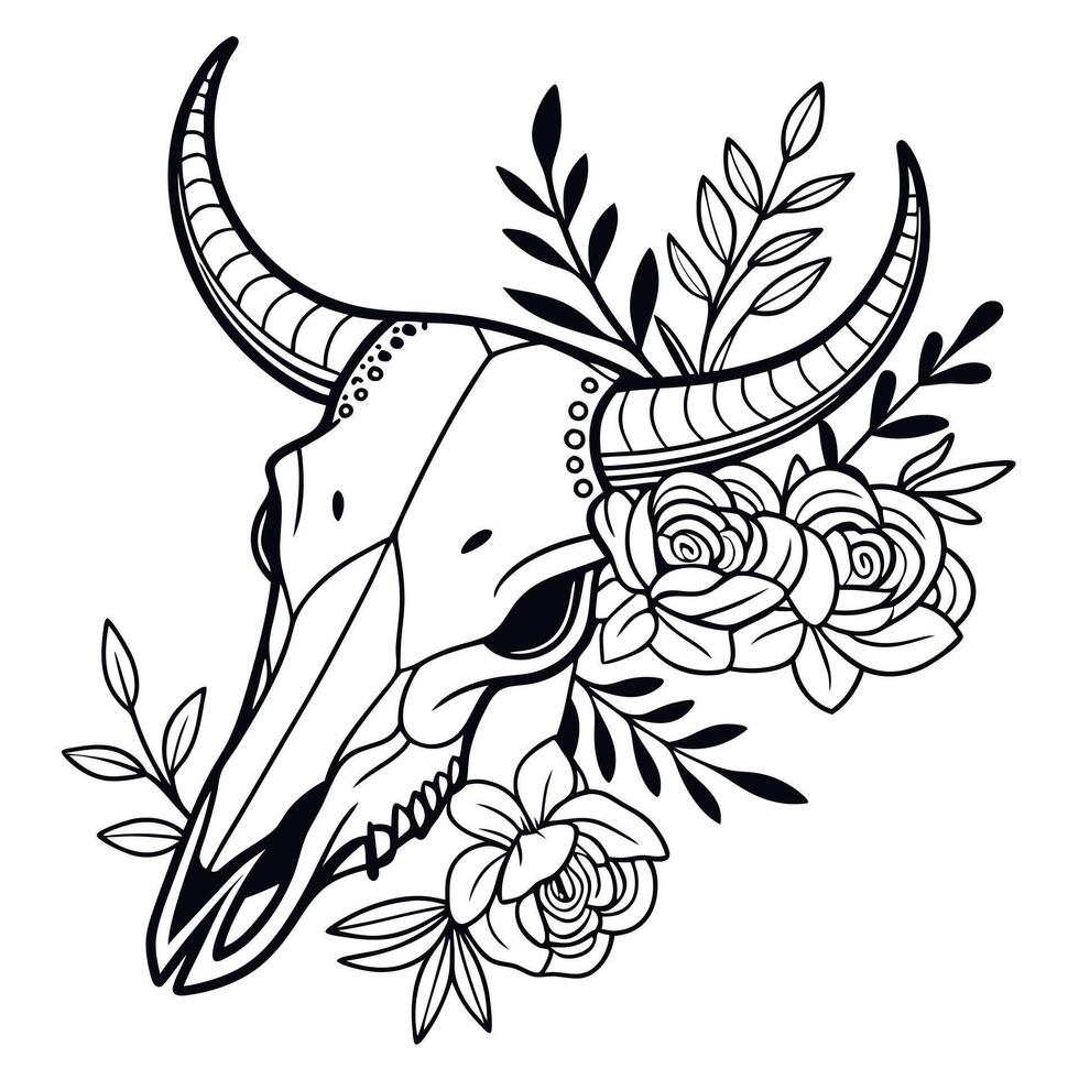 A bull skull with roses and leaves vector