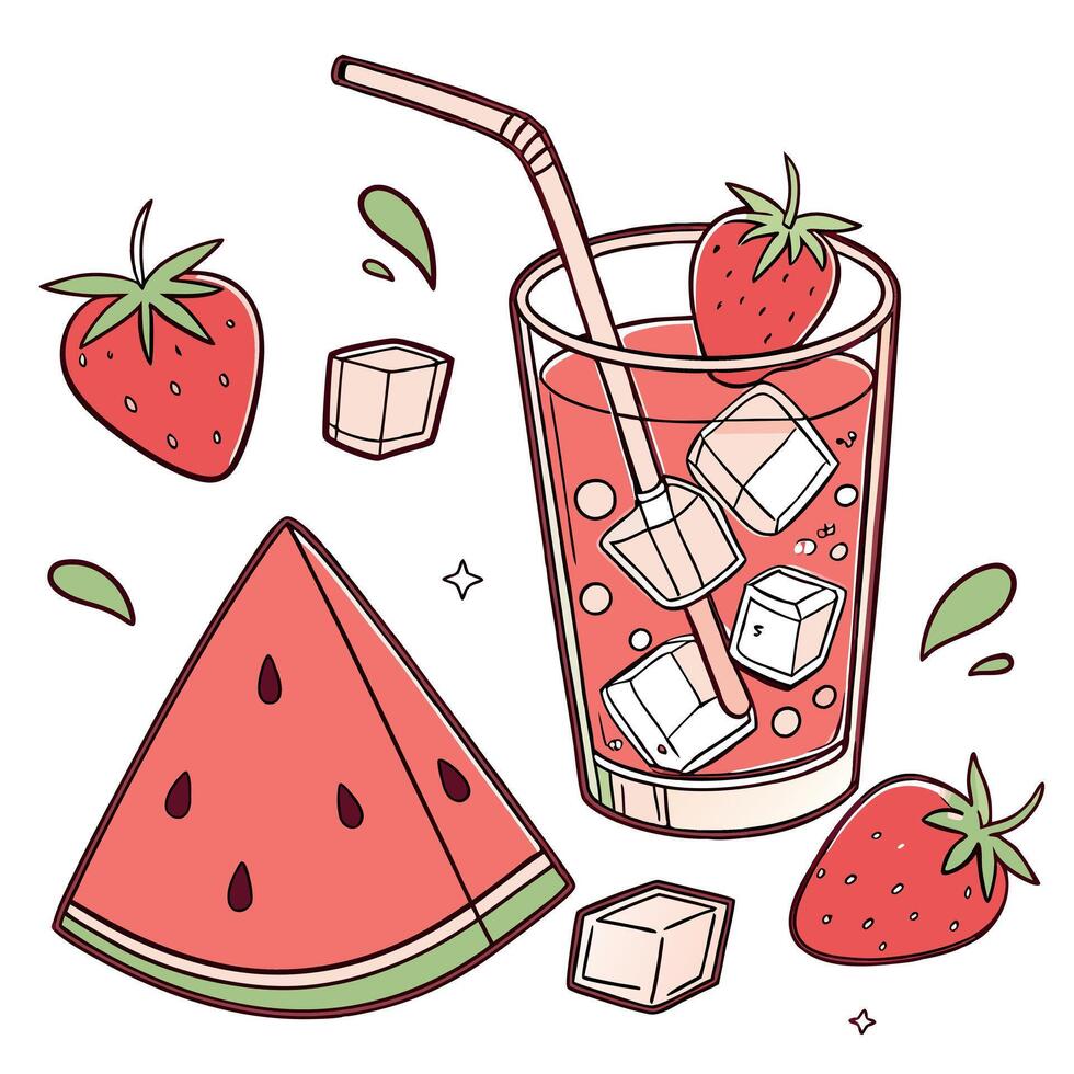 Watermelon juice with ice cubes and cubes vector