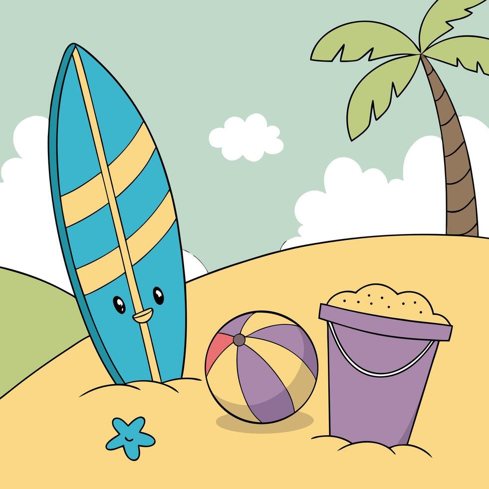A cartoon beach scene with a surfboard, a bucket and a beach ball vector