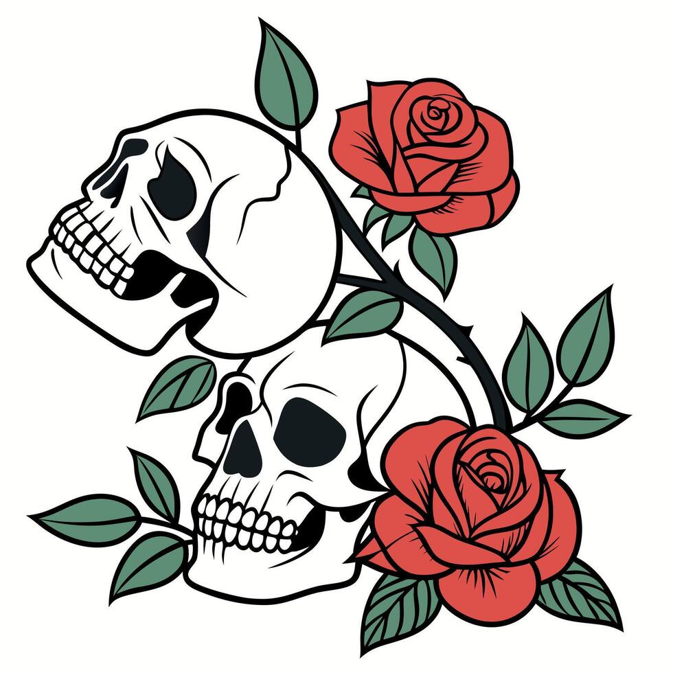 Two skulls with roses and leaves vector