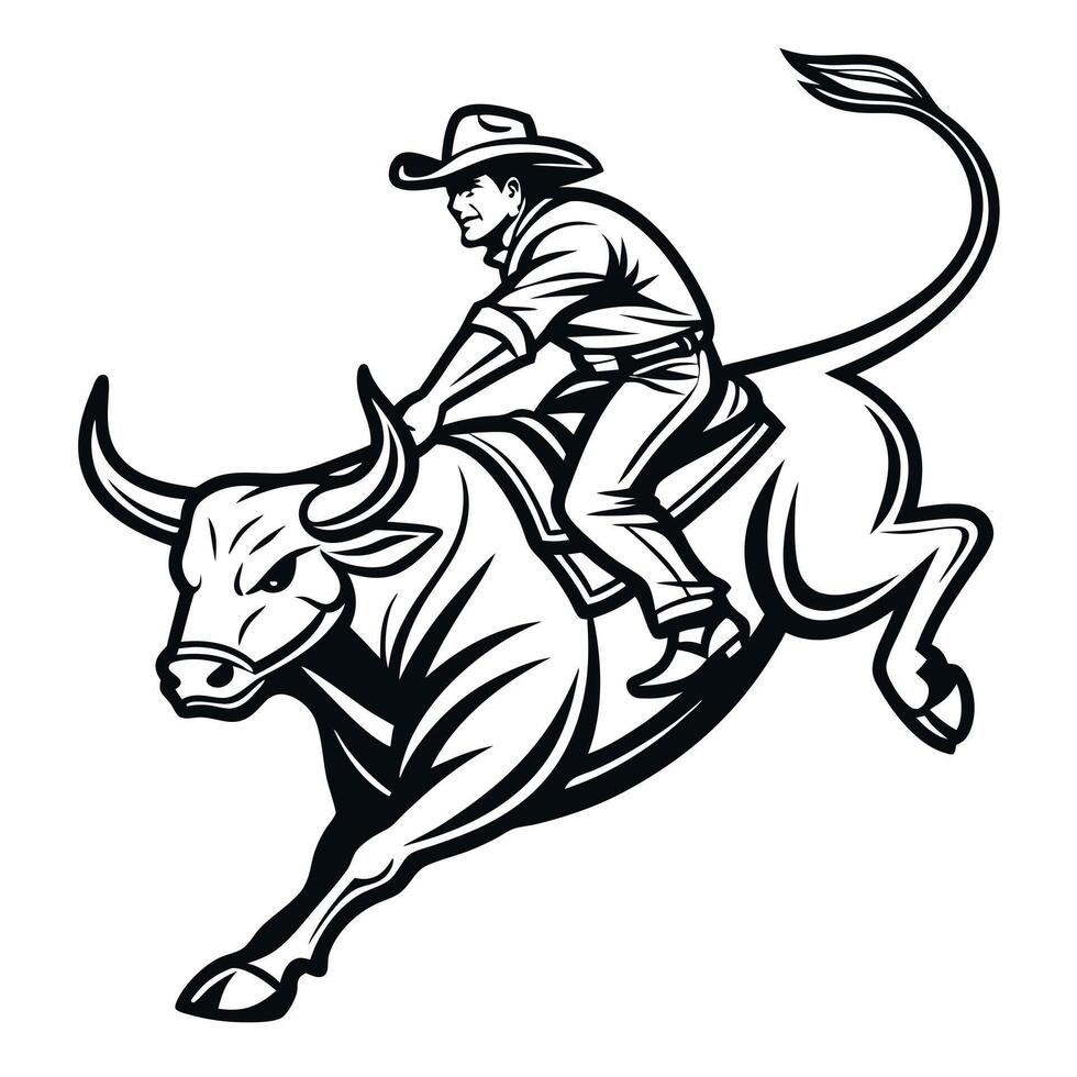 A cowboy riding a bull in a black and white design vector