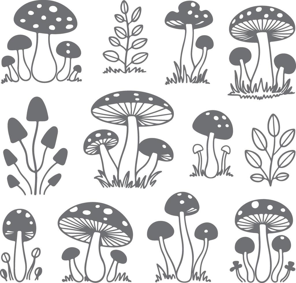 Gray Silhouette Mushroom Illustrations Set Botanical Clipart Collection Grey Toadstools Fungi Nature Elements Design Graphic vector