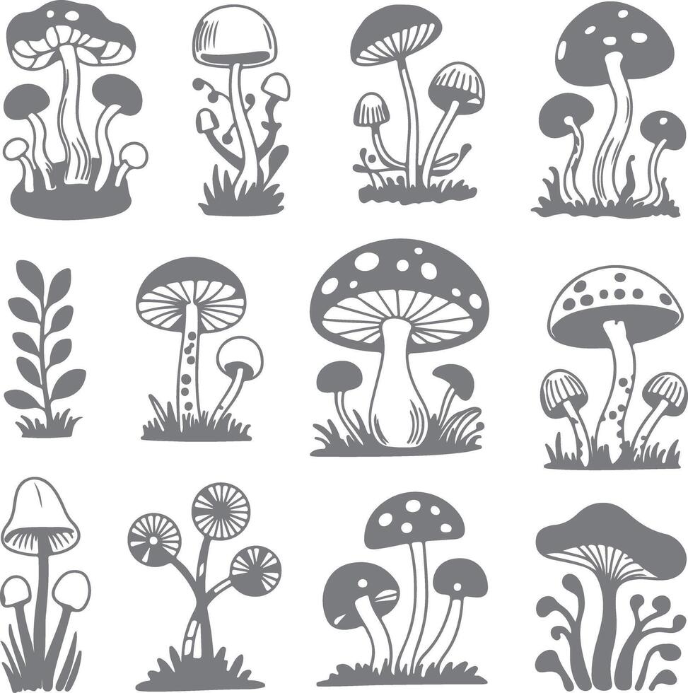 Twelve Gray Scale Mushroom Silhouettes Set Botanical Illustrations Nature Design Elements Various Shapes and Sizes Forest Fungi Collection vector